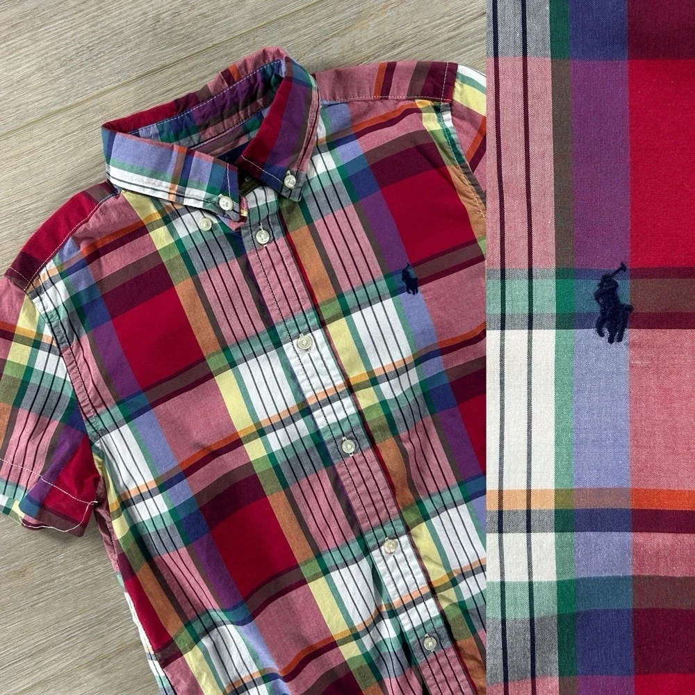 Ralph Lauren Polo Boys 7 Madras Plaid Short Sleeve Button Shirt Natural Stretch